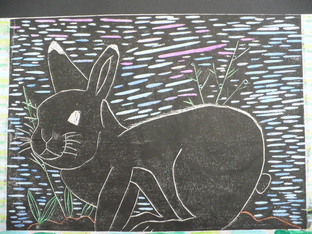 大正時代 木版画 双うさぎ図 雪兎図 着色 額装 絵画 